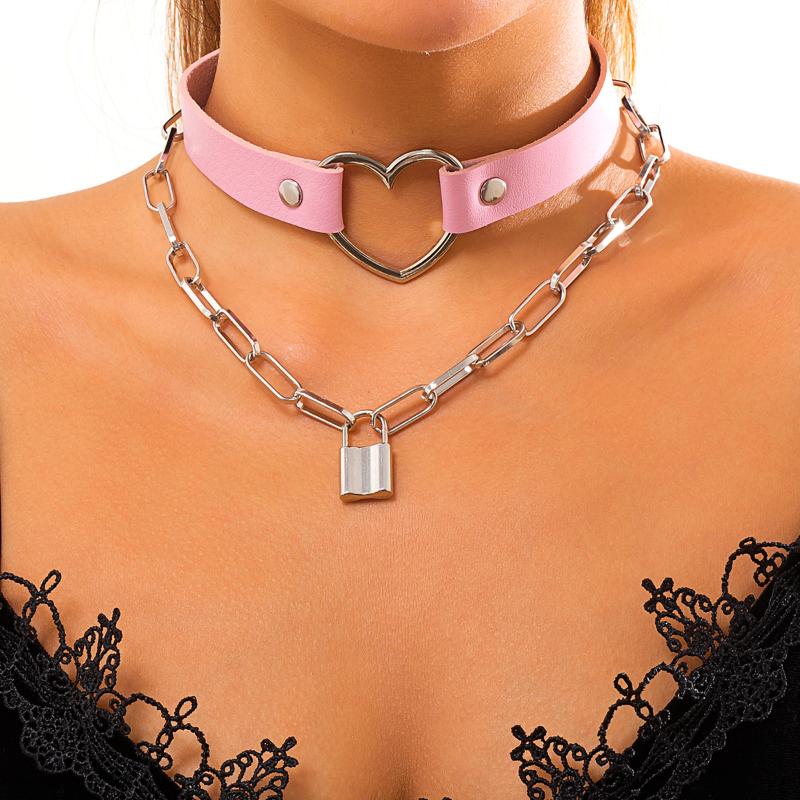 

Chains IngeSight.Z Pink Color PU Leather Love Heart Choker Necklaces Goth Gothic Lock Pendant For Women Neck Collier Jewelry, Silver