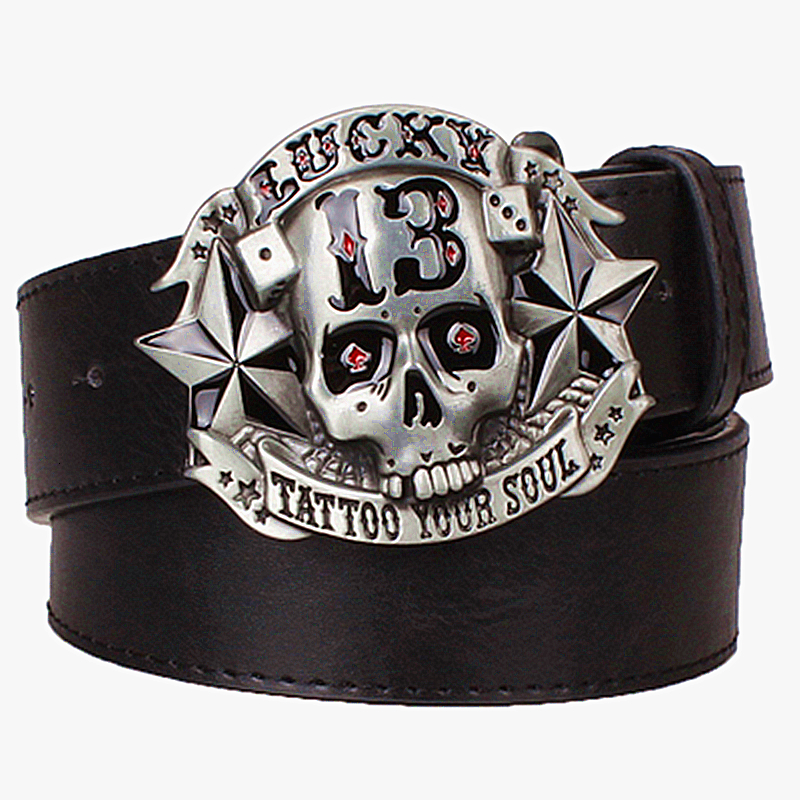 

2021 New Cool Men's Skull Pirate Lucky 13 Tattoo Your Soul Hip Hop Style Metal Up Leather Strap Fashion Belt 8o83, Black