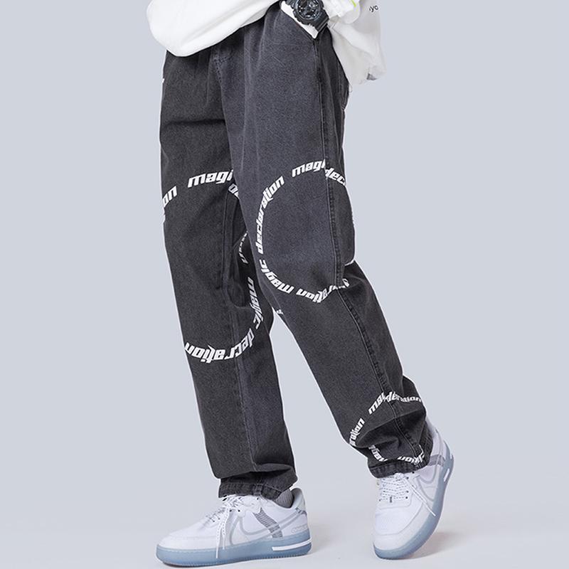 

Men's Jeans Harajuku Circle Letter Print Elastic Waist Oversize Pants Men And Women Loose Straight Hip Hop Baggy Denim Trousers, Black