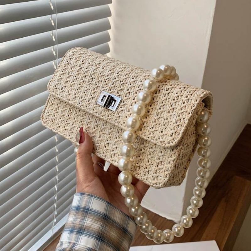 

Evening Bags Knitting Crossbody For Women 2021 Fashion Small Shoulder Bag Female Handbags And Purses Travel With Pearl Handle, Beige