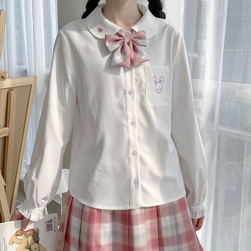 

New Deeptown Kawaii Women 2021 Fashion Cute Button Up Shirt Long Sleeve Tops Casual Elegant Embroidery Blouse Femme Iq9y, White