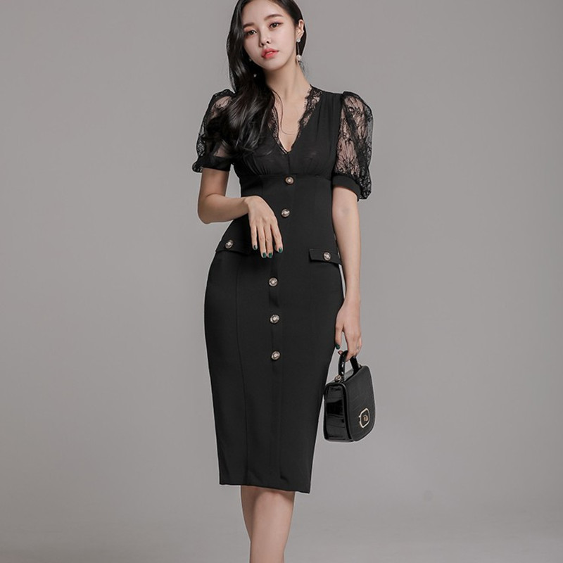 

ZAWFL Korea Summer Short Sleeve Lace Party Cloth Women V-Neck single Breasted Knee-Length Bodycon Midi Sexy Dresses 210525, Picture color