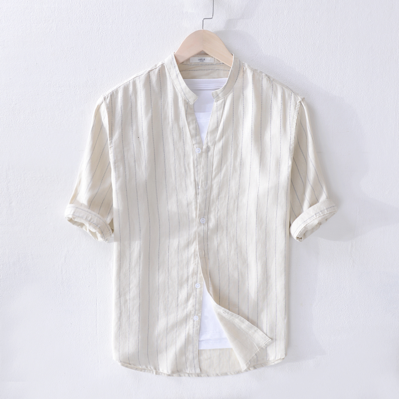 

2021 New Novo Estilo Italy Marca Da Do Vero Moda Casual Camisa Dos Homens De Linho Listrado Gola Camisas Para Bvqt, White