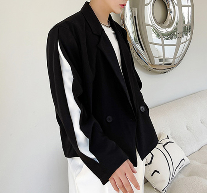 

Korean Trend Design Contrast Color Long Sleeve Black Short Suit Coat Men's Streetwear Loose Blazer 2021 Autumn New 9Y9262, White;black