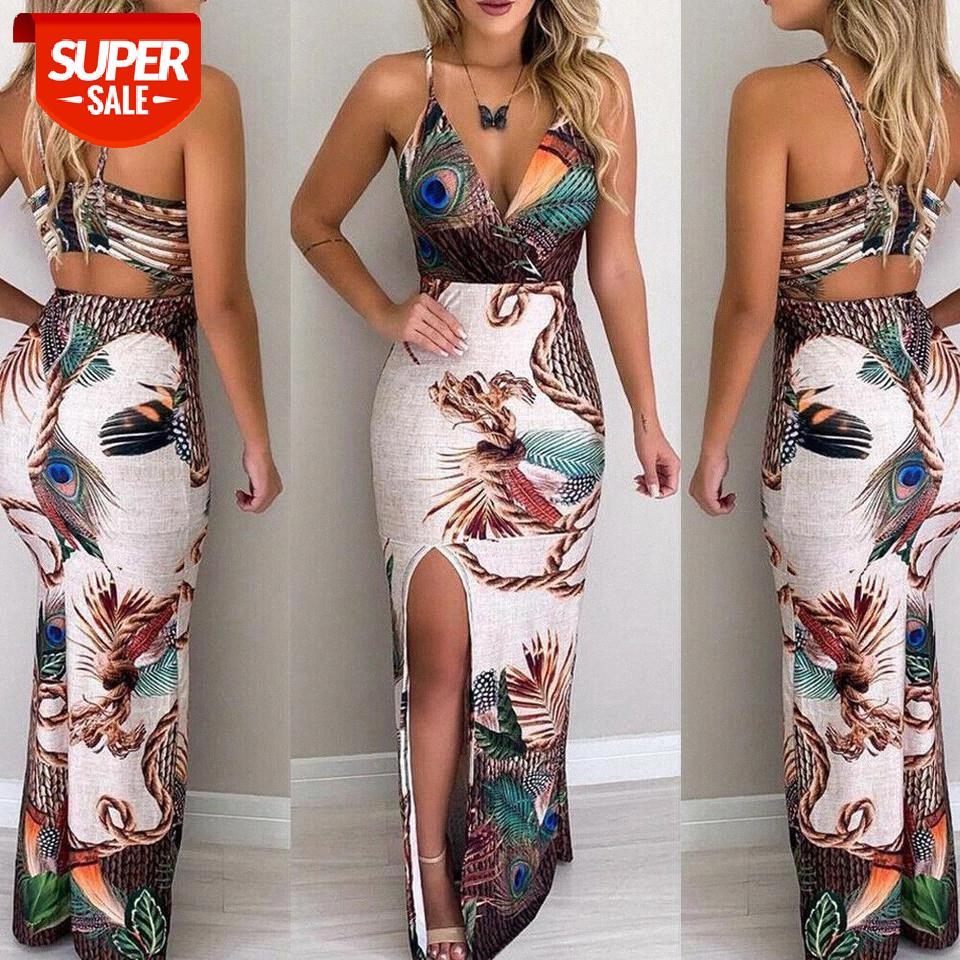 

New Women Boho Floral Dress Sexy Ladies Sleeveless Bodycon Prom Evening Party Summer Beach Casual Long Sundress #Cm1c, Black;gray