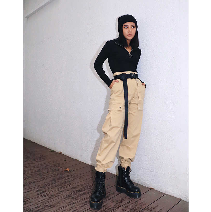 

Streetwear Cargo Pants with Buckle Belt Women Casual Joggers Black Khaki Amy Green Ladies High Waist Loose Female Trousers 210608, Black with belt