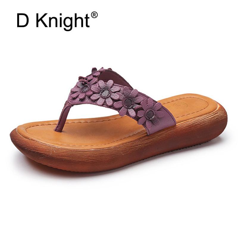 

Slippers Genuine Leather Bohemian Flip Flops Women Shoes Summer Casual Clip Toe Beach Retro Flower Slides Woman, Black