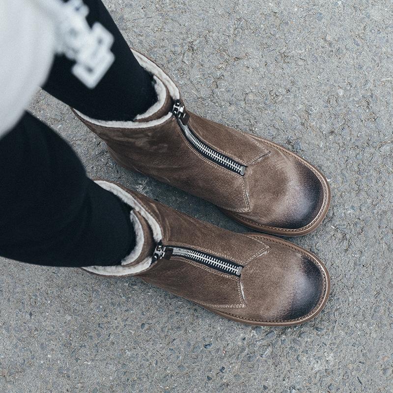 

cotton shoes Zipper boots for women's 2021 winter pigskin thermal British Plush flat bottomed boots, Black