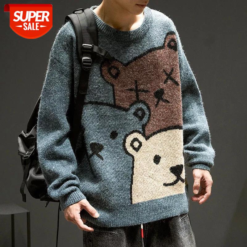 

SEVEYFAN 2021 Cartoon Bear men's Sweater Winter Men Clothing Fashion Long Sleeve Knitted Pullover Sweater New Cotton Coat #WN9g, White;black