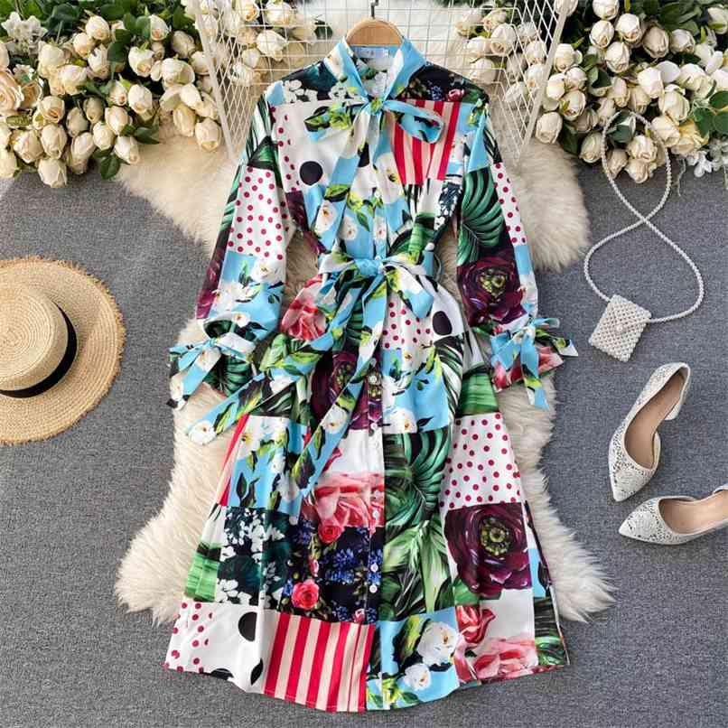 

Spring Fashion Hawaii Floral Plaid Printted Mid-calf Dress Women Bow tie Single-breasted Sashes Long Flare sleeve Holiday 210602, Blue