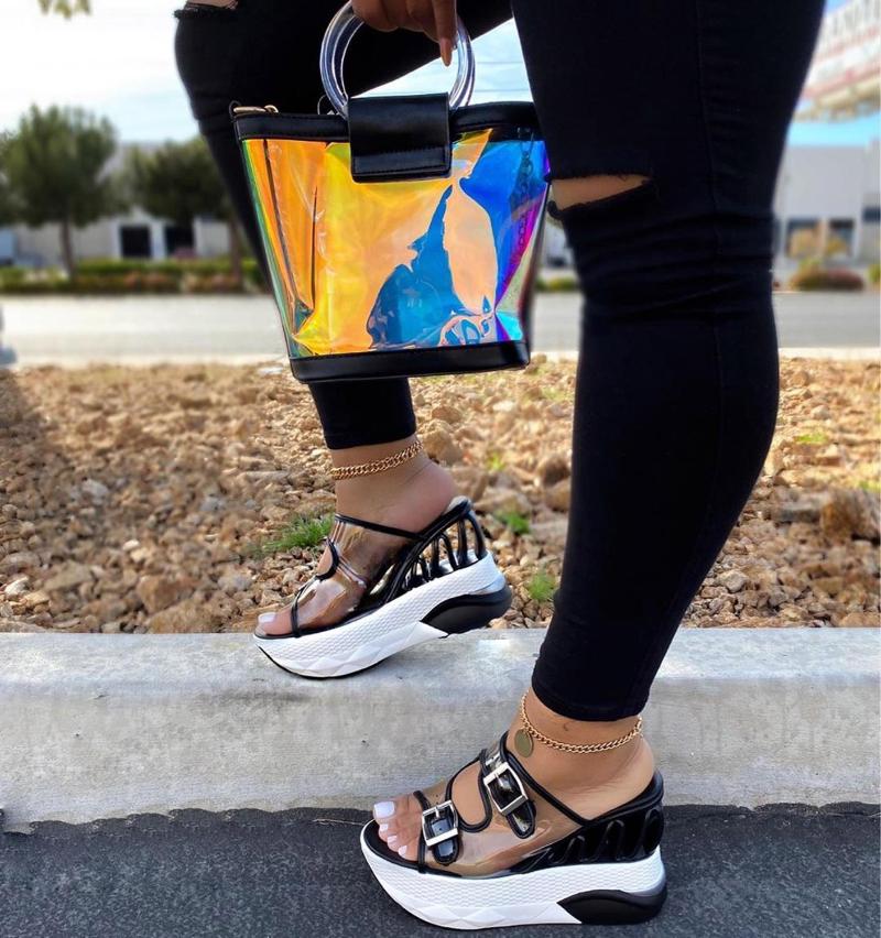 

Dress Shoes Spring/summer 2021 Women Wedge Belt Buckle High Heel Large Size PVC Outdoor Casual Sandals, Candy-colored Travel Slippers Ms, Black