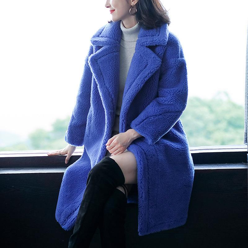 

Women' Fur & Faux Winter Women High Quality Real Lambswool OverCoats Luxury Long Casual Thick Warm Plus Size Female 2021 Blue Free Ship