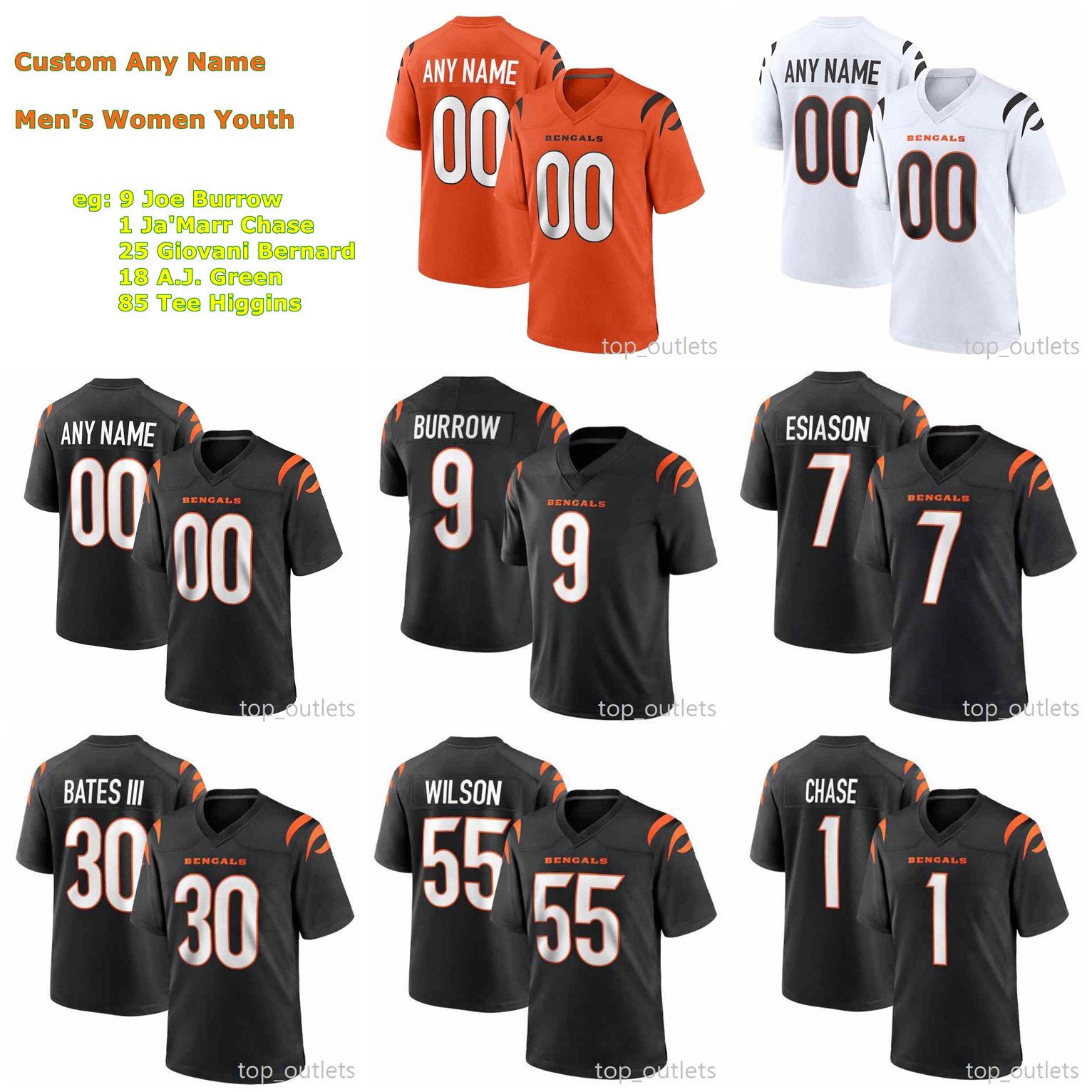 

2021 Cincinnati Bengals American Football Jerseys Joe Burrow Jersey Ja'Marr Chase Sam Hubbard Tee Higgins Joe Mixon A.J. Green Tyler Boyd Custom Stitched, As photo