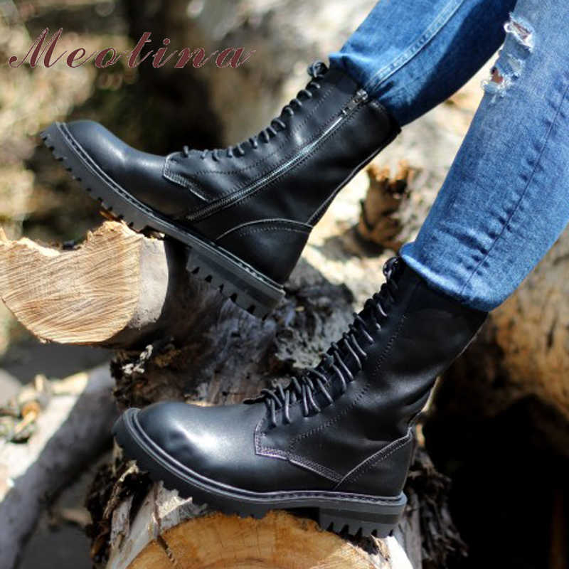 

Meotina Motorcycle Boots Women Shoes Punk Platform Thick Heel Ankle Boots Lace Up Lady Short Boots Zip Autumn Winter Black 42 43 210608, Black 2 synthetic li