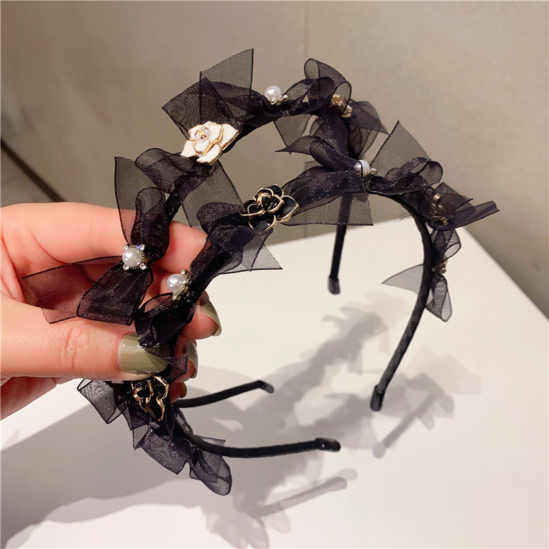 

Night Club Party Women Headbands Fashion Black Mesh Flower Hair Band Personality Bow Knot Lady Hairband, Silver