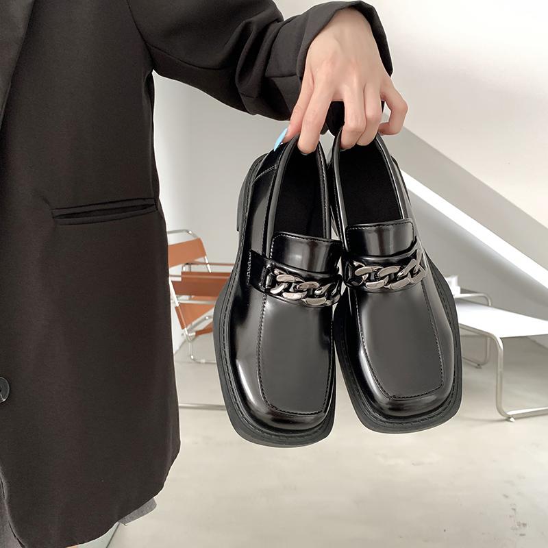 

Dress Shoes Fall 2021 Square-headed Chain Retro Loafers British Style Simple Fashion Thick Heel One Pedal Small Leather Woman, Black light