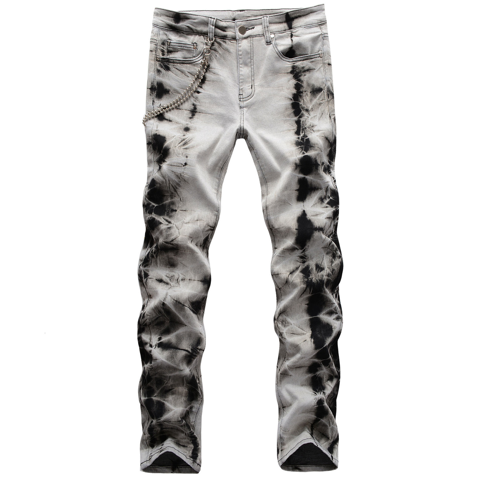 

2021 New Summer Men's Male Trousers Street Fashion Hip-hop Craft Fried Snowflake Retro Hanging Chain Decoration Stretch Slim Jeans Njgp, Beige