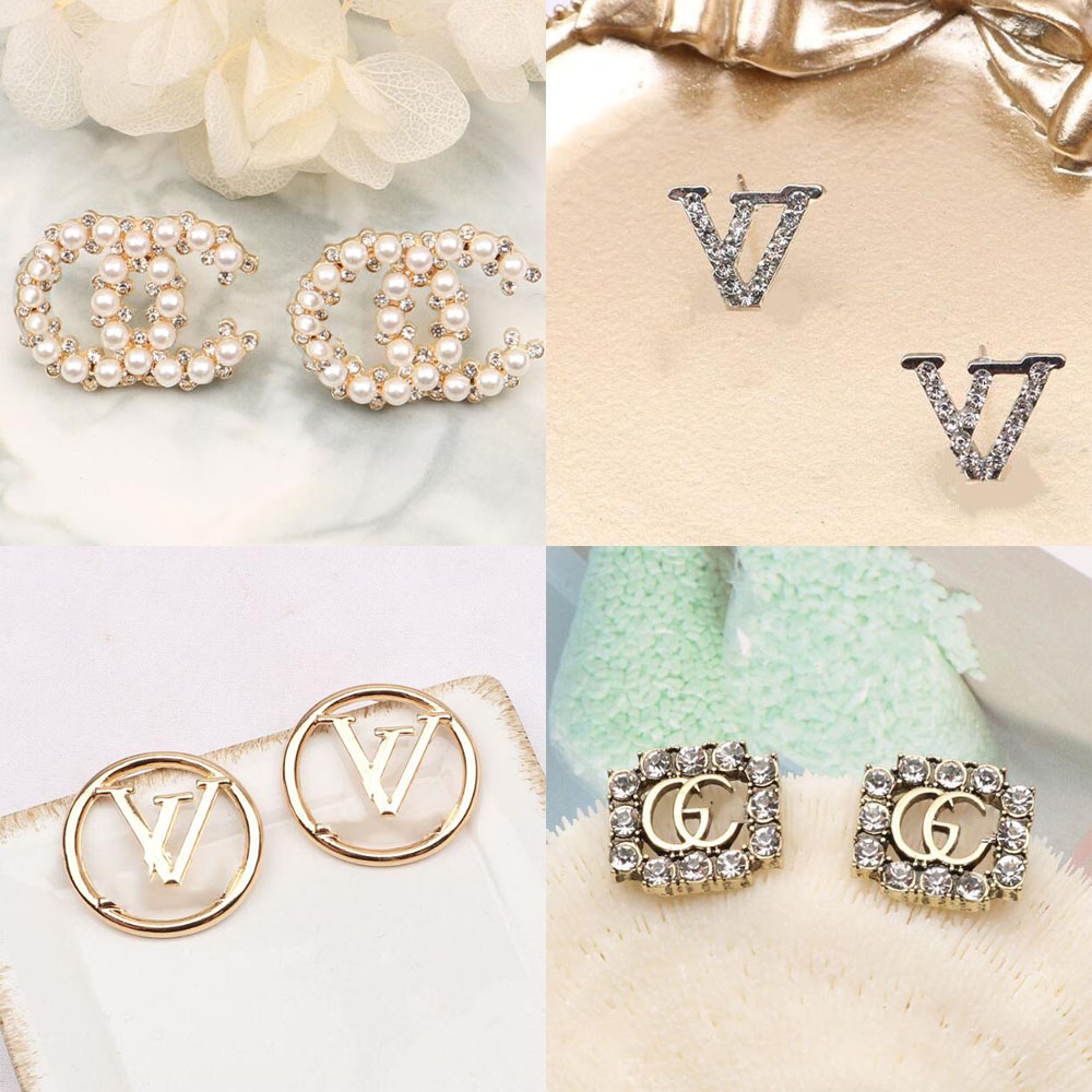 

20style 18K Gold Plated Korean Double Letters Stud Luxury Designer Earring Geometric Women Round Crystal Rhinestone Pearl Long Earrings Wedding Party Jewelry