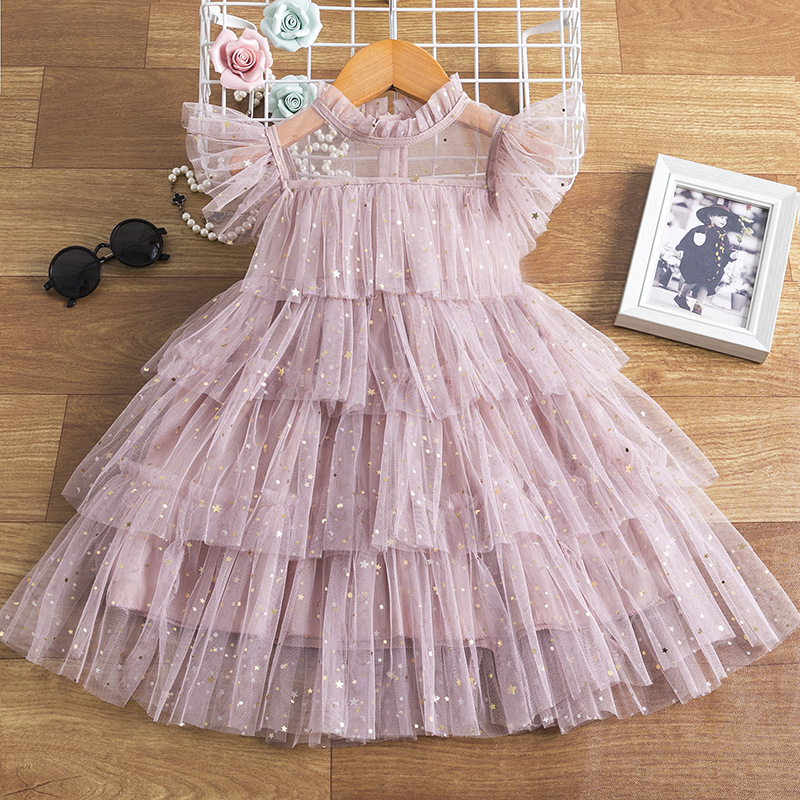 

Sweet Girls star sequins gauze dresses summer kids lace falbala fly sleeve tiered tulle cake dress children princess clothings A7249, Pink
