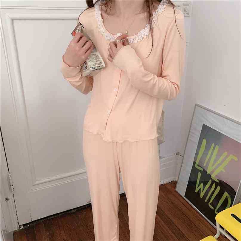 

Solid Women Cardigans Ruffle Sweet Chic Loose Cotton Fashion Long Sleeve Sleepwear Home Wear Pajamas Suits Sets 210525, Pink