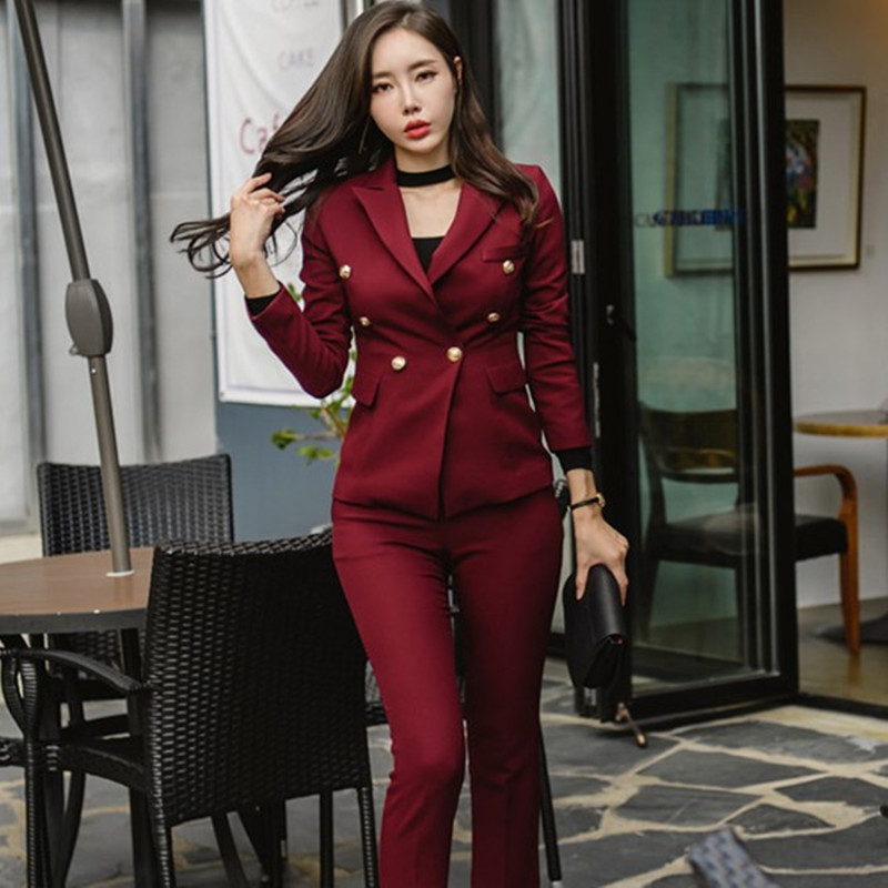 

ZAWFL Work Pant Suits 2 Piece Set for Women Double Breasted Wine red slim Casual Blazer Jacket lady business office work suit 210525, Claret