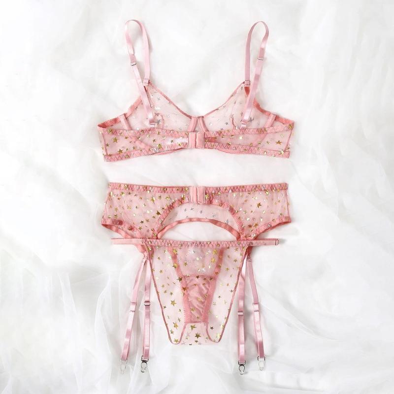

Bras Sets Women Star Embroidery Sexy Lingerie G-string Garter Belt Women's Underwear Lace Invisible Bra Babydoll Exotic Costumes, Red;black