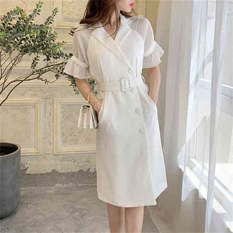 

Summer White Notch Neck Belt Button Front Office Dress Women Mesh Sleeve Wrap Elegant Flared Dresses 210603, Picture color