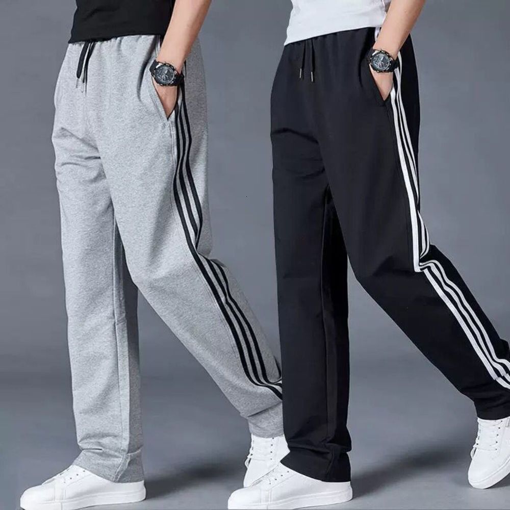 

pantSpring autumn three bar thin sports straight casual cotton pants men's loose and bulky overalls, Black