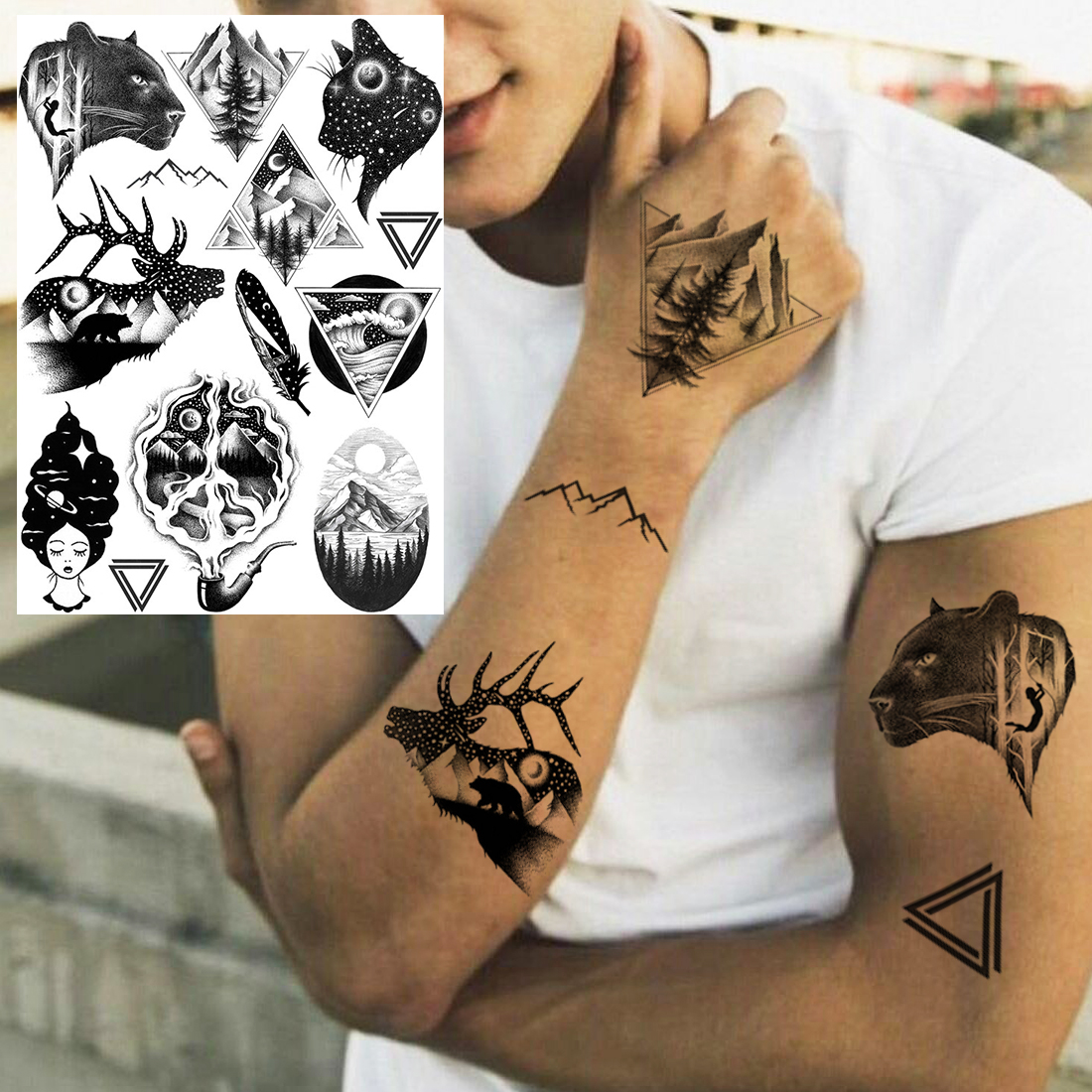 

Waterproof Temporary Tattoos sticker tattoo stickers For Kids Women Men art Watercolor Space Face Hands Paste Realistic Fake sleeve tatoo Geometric Wolf Flower