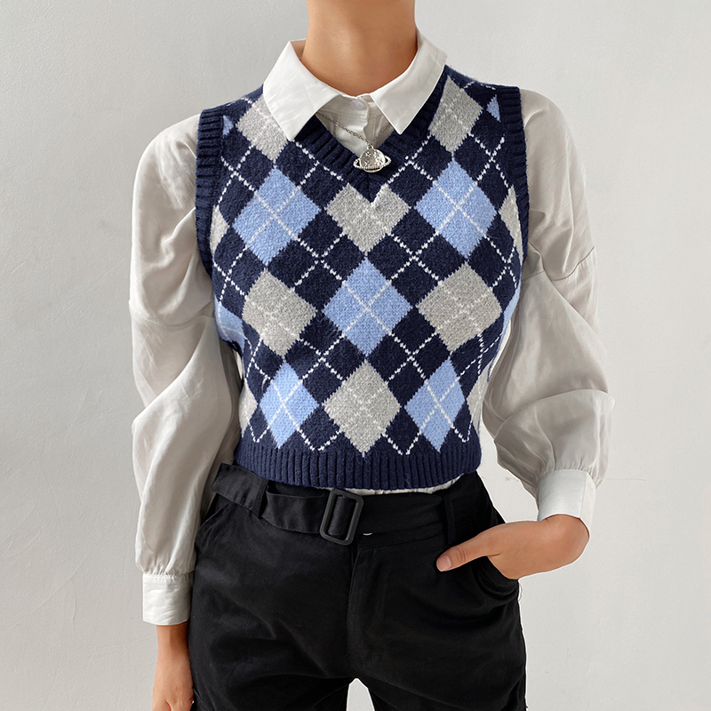 Compra Estilo Coreano Con Cuello En V Vintage Geométrico Argyle Chaleco  Corto Jerseys Tops Suéter Chaleco Otoño Mujeres Sexy Tejido Chaleco Barato  | Entrega Rápida Y Calidad | Es.Dhgate