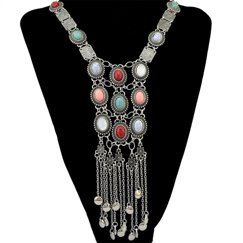 

Chains Vintage Metal Acrylic Beads Long Tassel Necklaces For Women Boho Gypsy Turkish Tribal Collar Necklace Collier Femme Party Gift, Silver