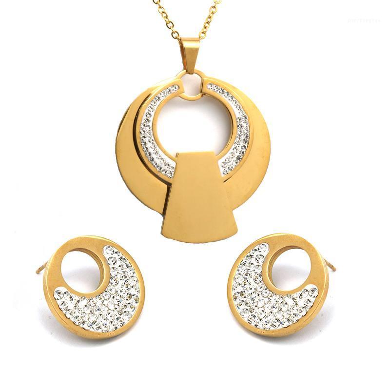

Earrings & Necklace PZ Bridal Jewelry Sets For Women Stainless Steel Hollow Out Round Pendants With Charm Crystals Fashion, Silver