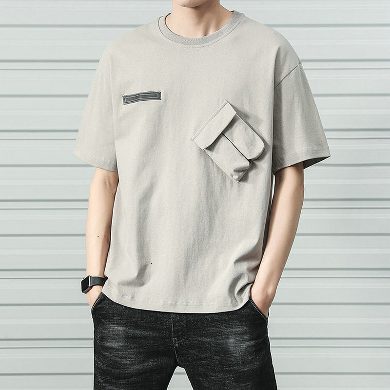 

2021 New Harajuku T-shirts Summer Hip Hop Streetwear O-neck Pockets Men Short Sleeve t Shirts Cotton Tee Shirt Homme Zs9c, Gray