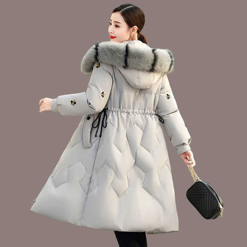 

Arrival Winter Women Embroidery Padded Parkas Thicken Warm Long Coats Hooded Faux Fur Slim Lady Winter Jacket S255 210608, Beige
