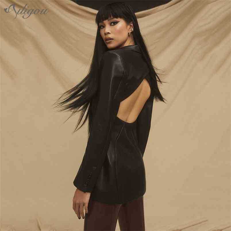 

Women' Black Fashion Pu Leather Sexy V-neck Hollow Jacket Retro Long Sleeve Pocket Coat 210525