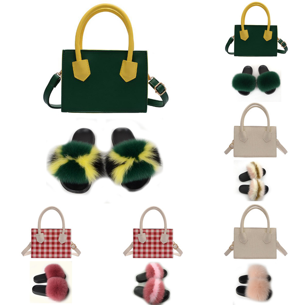 

Women Shoes Extra Fluffy Luxury Flats Slippers And Handbags Real Fox Fur Slides And Purse Sets Flip Flops Furry Sandals With Bag, Black