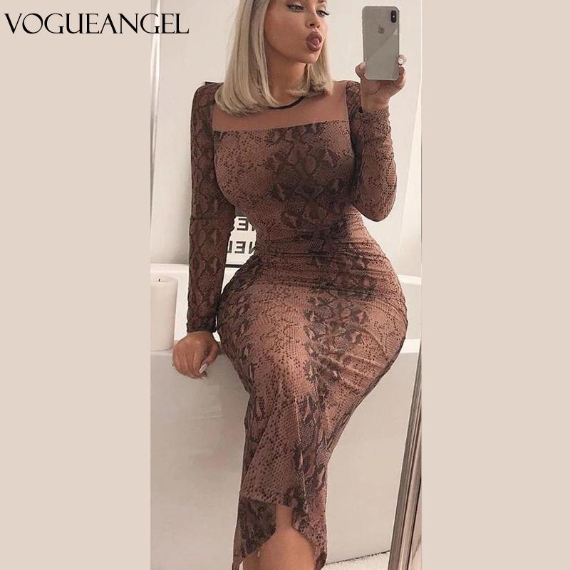 

Plus Size Dresses Women Snakeskin Dress Sexy Print Womens Snake Skin Sheath Long Sleeve Back Slit Bodycon Elegant Party Maxi, Black