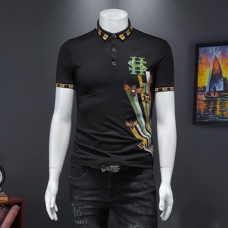 

2021 New Embroidery Sequins Bee Letter Camisetas Short Sleeve Mannen Streetwear High Quality Spring Polo Men Shirt 76vn, Black