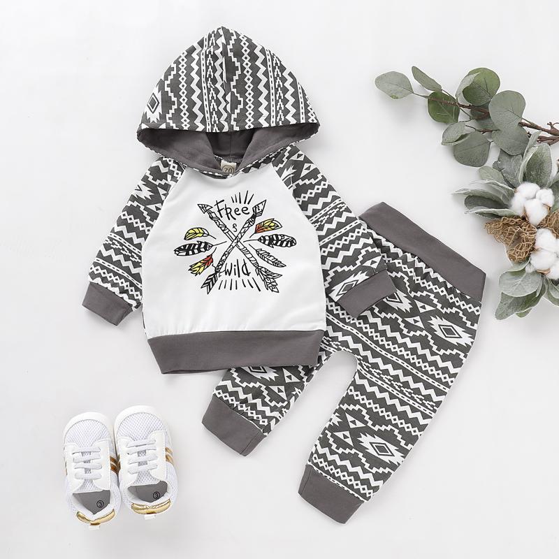 

0-24M Kids boy clothes High quality male baby striped long-sleeved hooded sweater + striped printed trousers two-piece suit, Gray