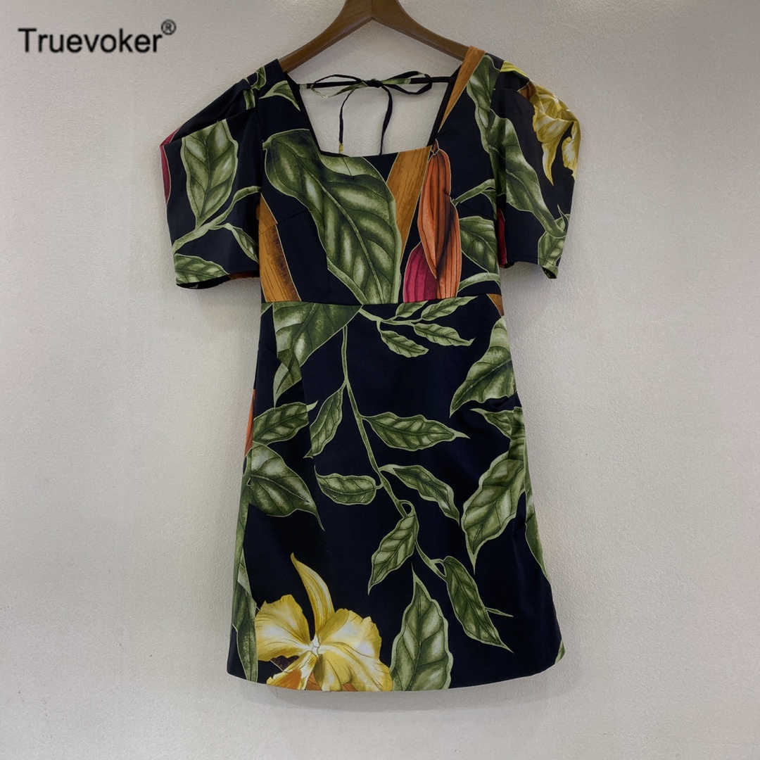 

Truevoker European Runway Trends Cottagecor Cotton Dress Lady Short Sleeve Square Collar Green Leaf Print Resort Vestidos 210602, White