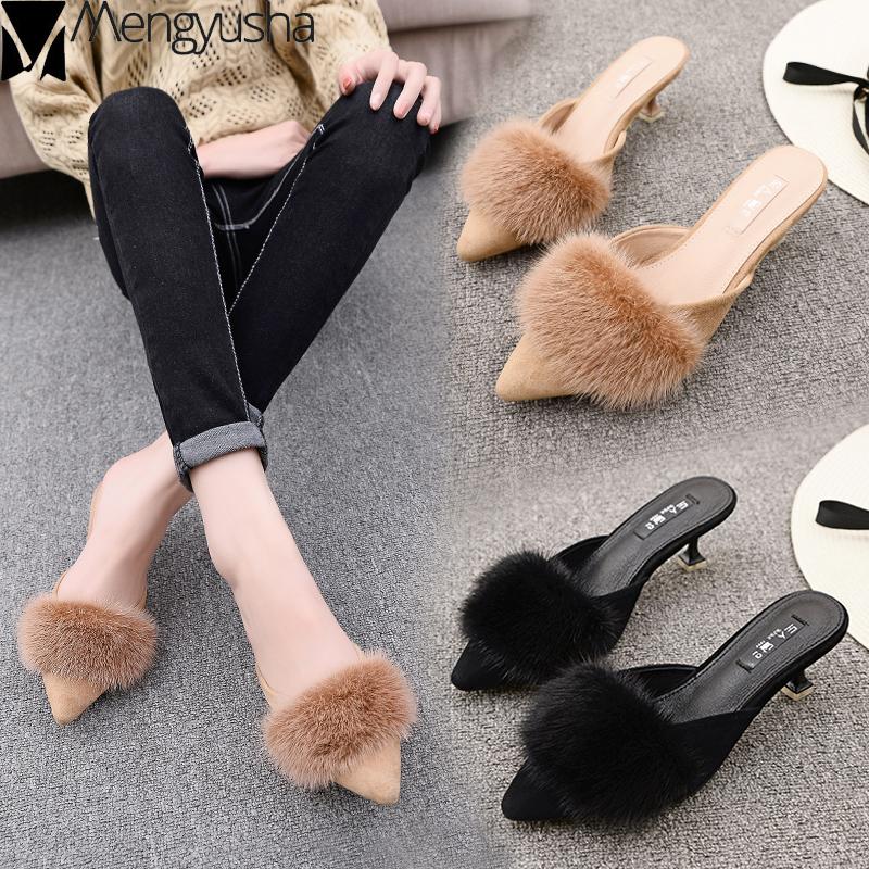 

Dress Shoes Mink Hair Velvet Thin High Heels Mules Woman Pointy Toe Shallow Lazy Pumps Solid Female Sexy Ladies Furry 2021, Black