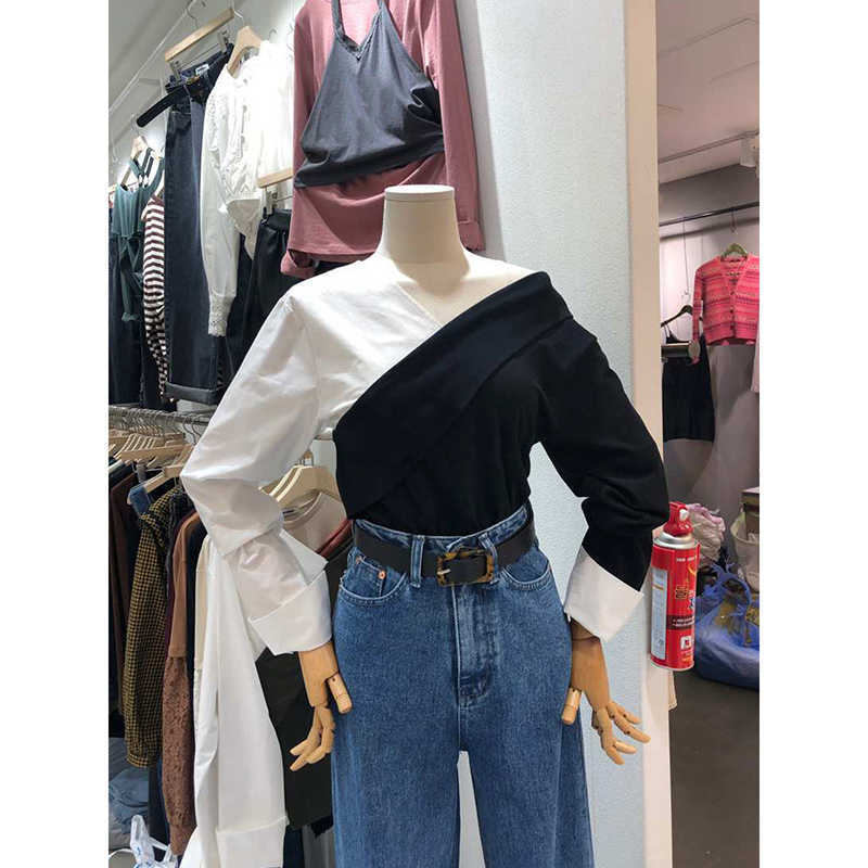 

Autumn Fashion Simple Color Contrast Patchwork Fake Two Shirts Women's Casual Slim Fit Top 210615, Black