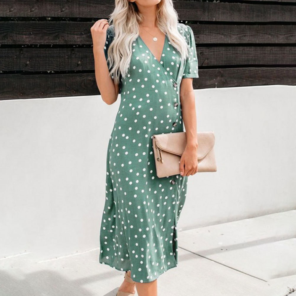 

2021 New Elegant Polka Dot Button Casual Short Sleeve v Neck Slim Chiffon Beach Vacation Party Sun Qyxj, As photo