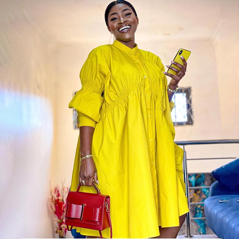 

Ethnic Clothing 2021 African Women's Button Shirt Dress Long Sleeve Casual Irregular Pleated Loose Folds Blouse Female Streetwear Vestidos