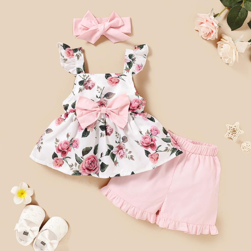

40# Toddler Baby Girls Clothes Children's Sleeveless Floral Print Tank Top + Solid Color Frill Shorts + Hair Tie Outfits Set, Pink