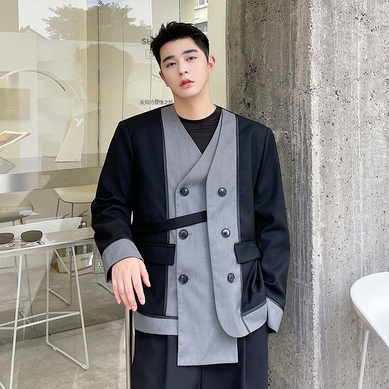 

Autumn Ins Korean Contrast Color Split Blazers For Men 2021 New Three-dimensional Splicing Heavy Industry Collarless Suit, White;black