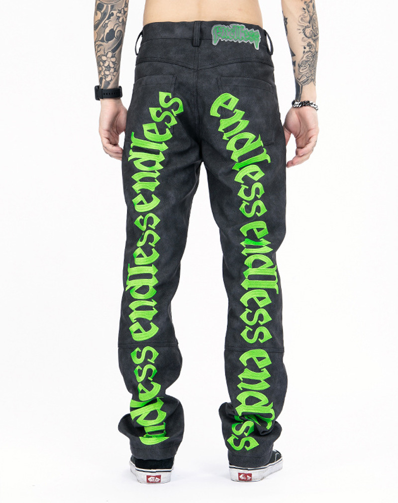 Pantalon en cuir Pu pour hommes, pantalon brodé au dos en molleton, Style High Street Vibe, droit, moto, décontracté, ample, Hip Hop
