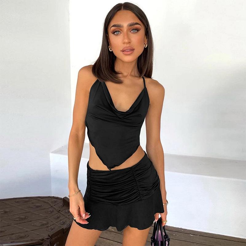 

Women's Tanks & Camis 2021 Summer European And American Suit Solid Color Open Back Bandage Hanging Neck Diamond Wave Edge Belly Bag Skirt, White