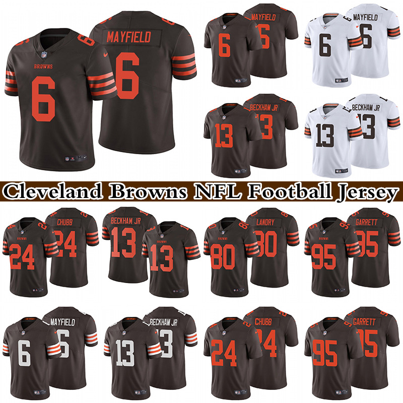 

6 Baker Mayfield 13 Odell Beckham 95 Myles Garrett 80 Jarvis Landry 24 Nick Chubb Men's Stitched NFL Cleveland Browns Nike Limited Football Jersey, Brown