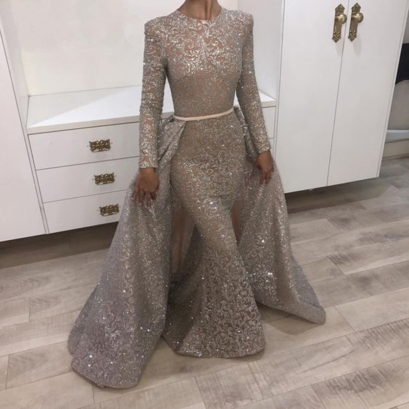 

2021 New Yousef Aljasmi Sier Sleeve Muslim Train Women Formal Evening Gowns Dubai Long Mermaid Prom 9mt1, Silver